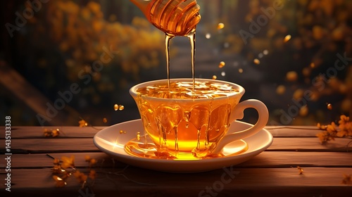 Honey drizzling into warm herbal tea in a glass cup
