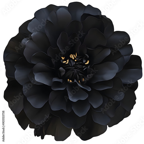A close up view of a dark flower with golden accents in the center on a black background space
