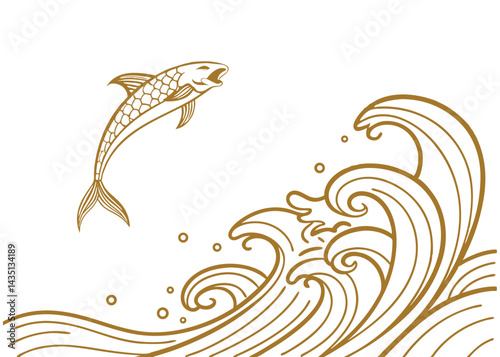Elegant Gold Line Art of a Fish Jumping Over Ocean Waves