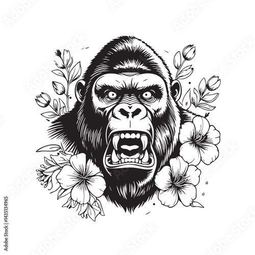 illustration of a gorilla head wearing a crown with flowers around it generate ai.