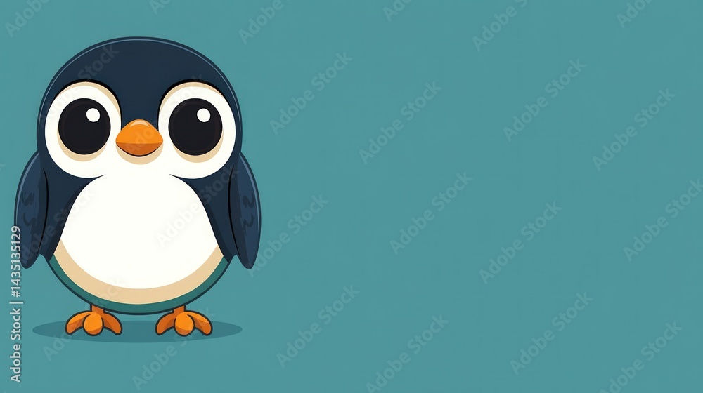 Naklejka premium Cheerful cartoon penguin standing against a teal backdrop