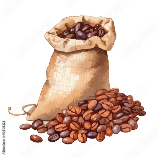 Coffee beans in a burlap sack cute watercolors illustration on white background