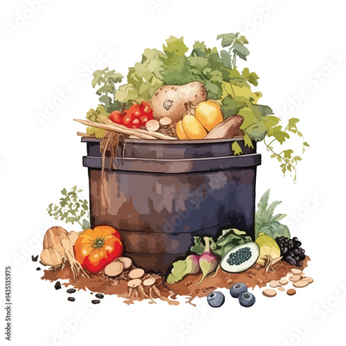 compost bin with organic waste inside cute watercolors illustration on white background