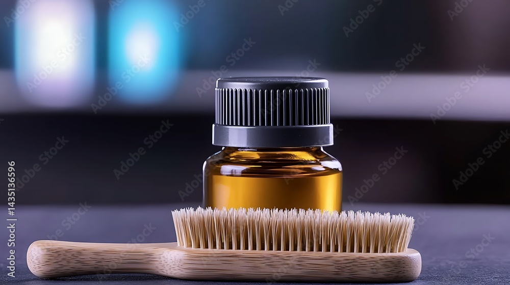 Close-up of a wooden brush next to a small amber bottle on a dark surface with blurred background