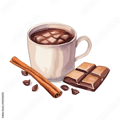 cup of cocoa topped with cinnamon cute watercolors illustration on white background