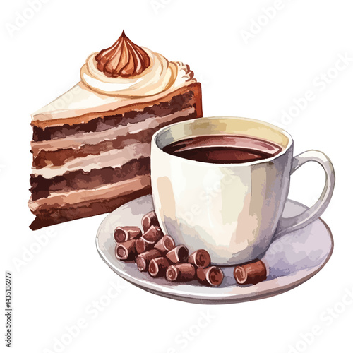 cup of cocoa with a slice of cake cute watercolors illustration on white background