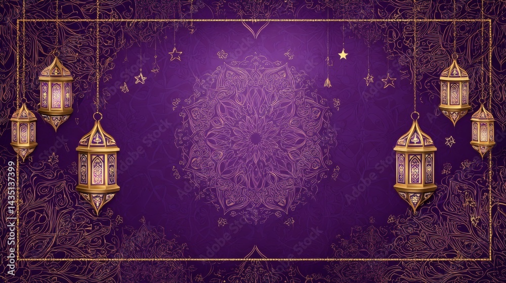 Purple Backdrop with Golden Lanterns, Stars and Intricate Floral Ornamental Lines