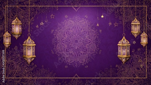 Obraz na płótnie Purple Backdrop with Golden Lanterns, Stars and Intricate Floral Ornamental Lines w salonie