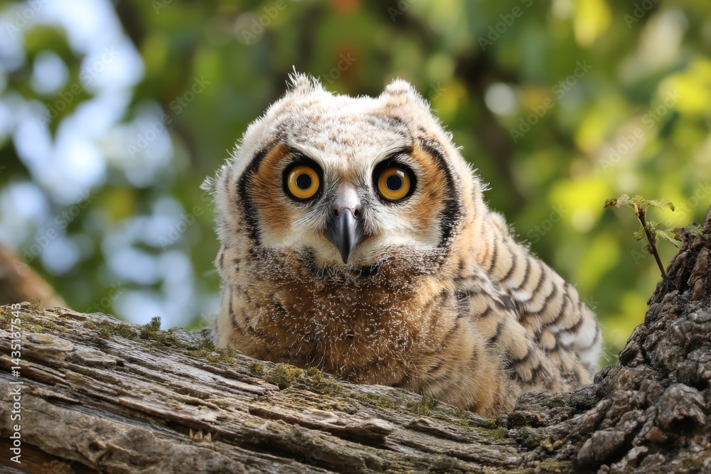 Obraz premium owl with exaggerated eyelashes and rainbow-tinted feathers, perched on a glowing mushroom branch in enchanted woods