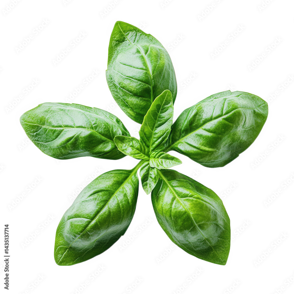 Fototapeta premium fresh basil leaves arranged in a star-like pattern against a white background. highlighting their vibrant green color and smooth texture this visually appealing presentation emphasizes the herb's culi