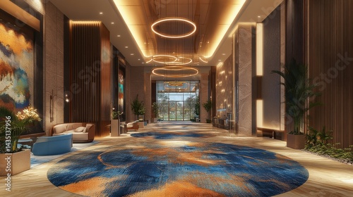 Elegant modern lobby interior design with vibrant artwork and stylish furnishings