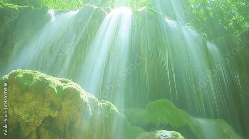 Lush waterfall cascading down mossy rocks, sunbeams piercing through the dense forest