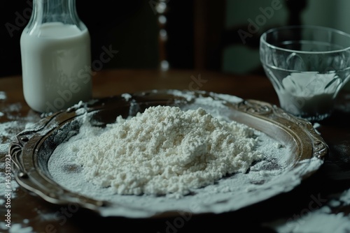 flawless picture of bottle and glass of milk with cottage cheese on dish