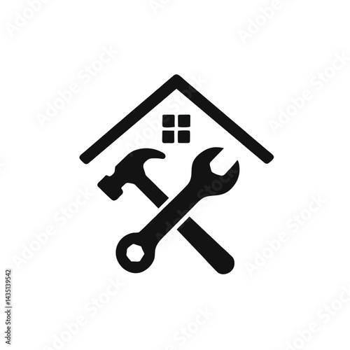 Handyman service logo with house roof and tools silhouette