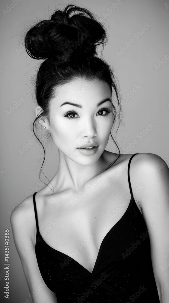 Fototapeta premium Elegant monochrome portrait of a beautiful asian woman with hair updo in black top looking at camera with soft light and neutral background for stock photography