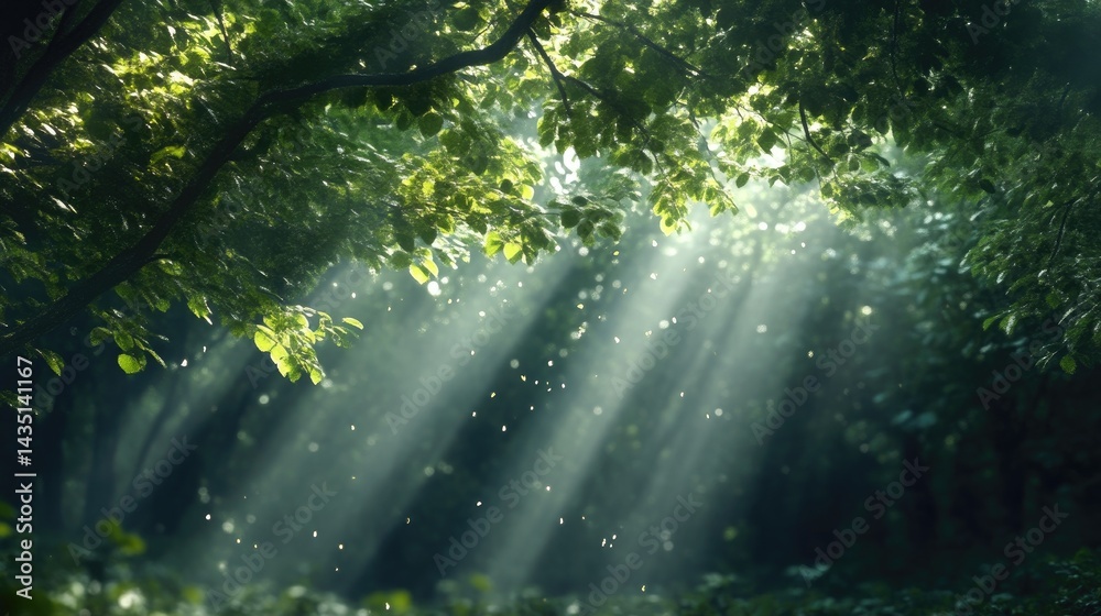 Fototapeta premium Sunlight streams through a lush forest canopy. Sunlight filtering through leaves, creating a mystical forest scene