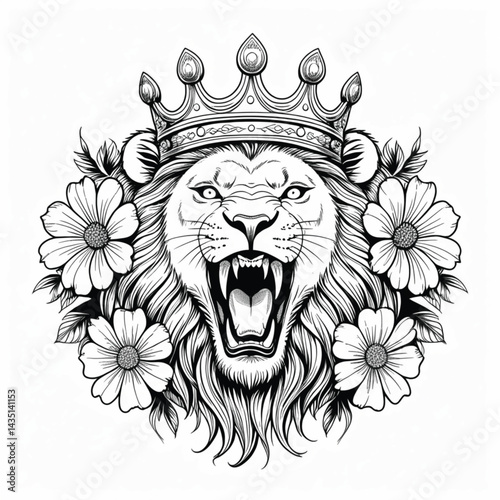 Illustration of a male lion's head wearing a crown with flowers around it generate AI.