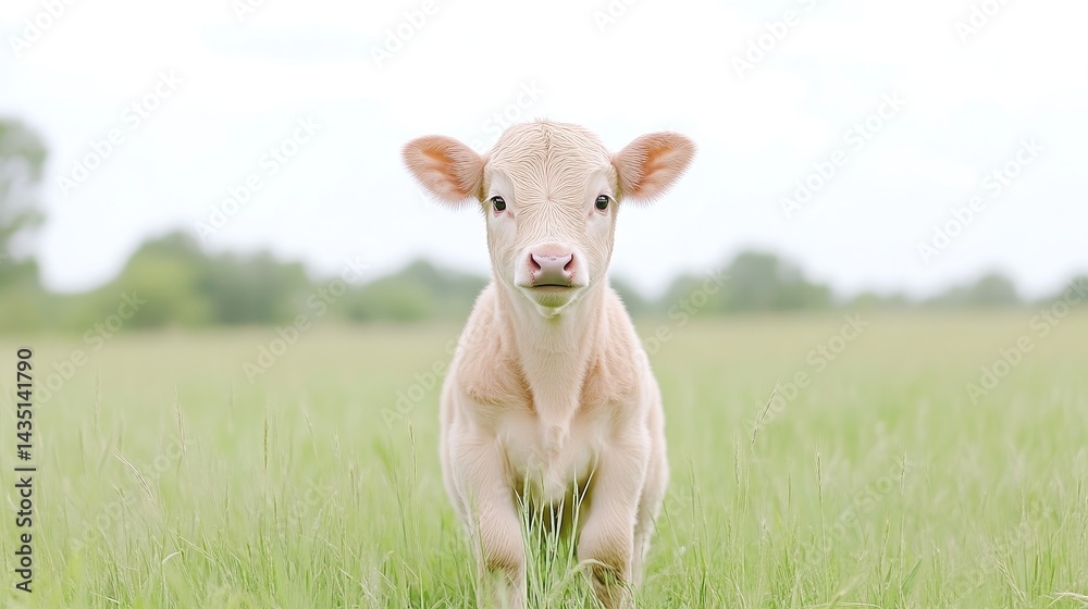 Fototapeta premium Adorable young calf in a grassy field