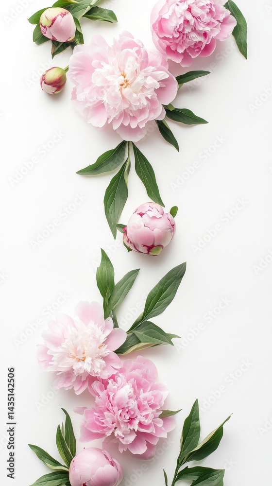 Delicate pink peony blossoms with lush green foliage on a clean white backdrop creating a serene floral arrangement perfect for spring and summer themes Delicate pink peony blossoms with lush green foliage on a clean white backdrop creating a serene floral arrangement perfect for spring and summer themes
