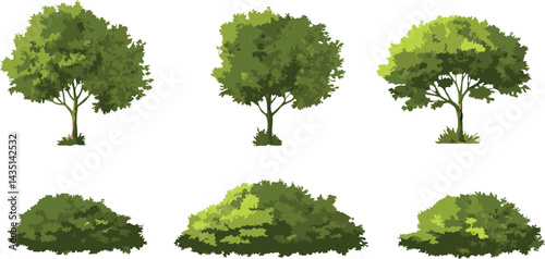 Detailed Greenery Vector - Trees and Bushes Illustrations with Dense Foliage