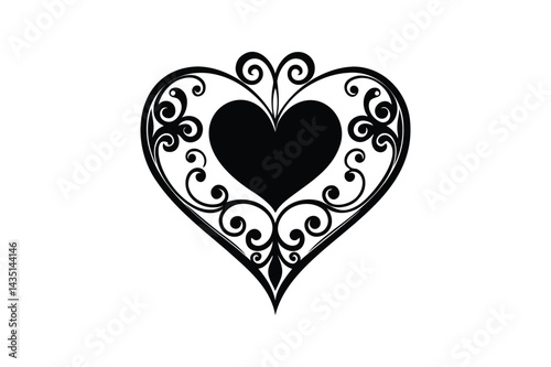 Decorative fancy heart icon silhouette on white background