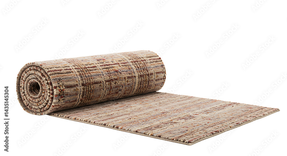 Fototapeta premium Stylized rolled-out carpet with rustic geometric patterns on white background