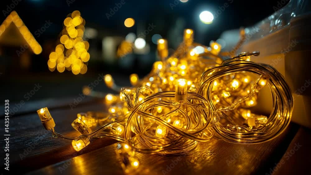 Illuminated warm white string fairy lights glowing softly on wooden surface in the evening atmosphere with bokeh lights