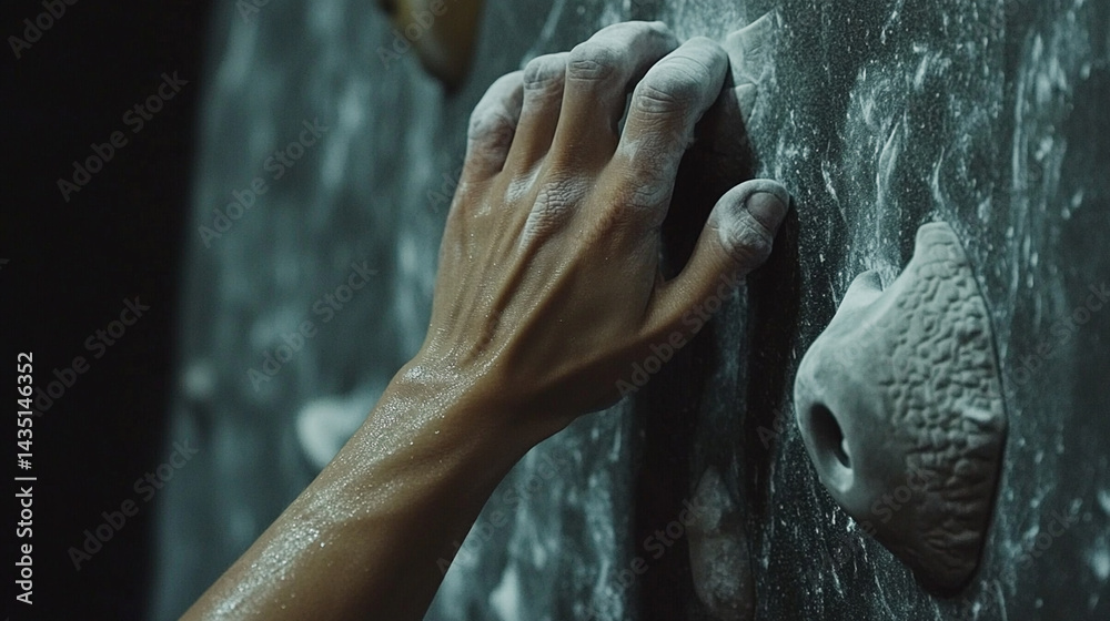 Fototapeta premium Close-up of chalked hand on climbing wall.