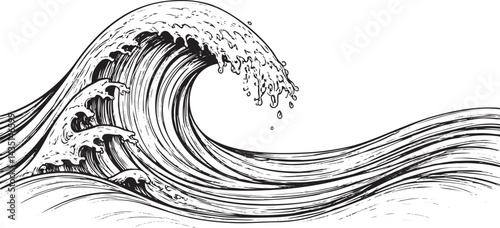  ocean waves black and white sketch, transparent background