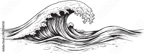 Water waves illustration drawing, black and white transparent background