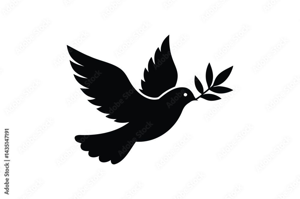 Obraz premium Flying dove holding an olive branch icon silhouette on white background