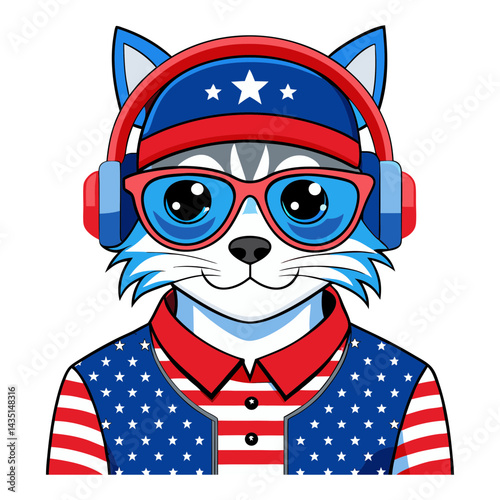 A cat is depicted wearing a red and blue cap, headphones, and sunglasses featuring the American flag pattern. Its shirt is also styled with stars and stripes, emphasizing a patriotic theme