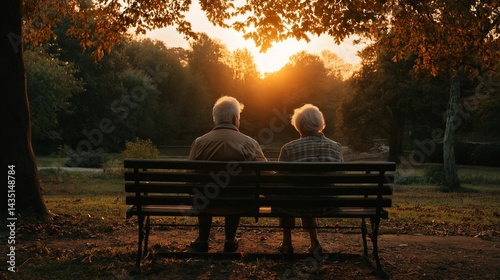 AI-generated elderly couple sitting on a park bench at sunset, surrounded by autumn foliage