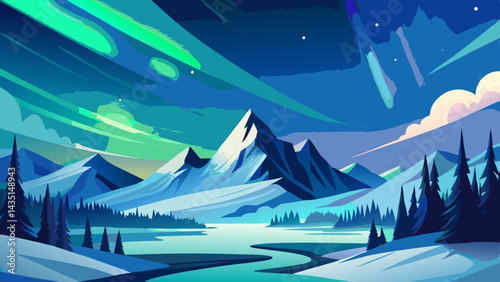 A snowy winter mountain landscape panorama under a cold, white sky
