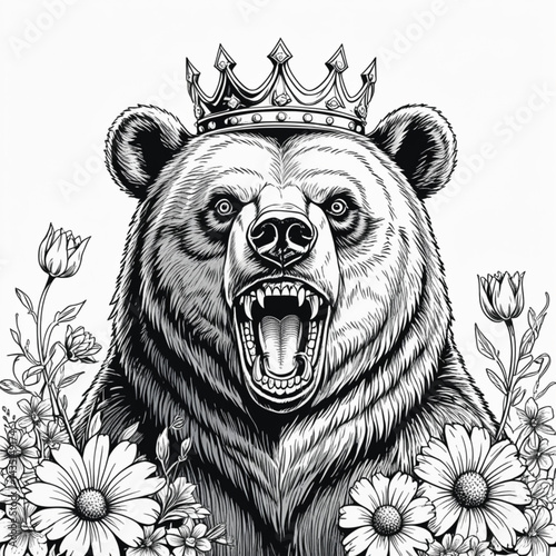 Illustration of a bear's head wearing a crown with flowers around it generate AI.