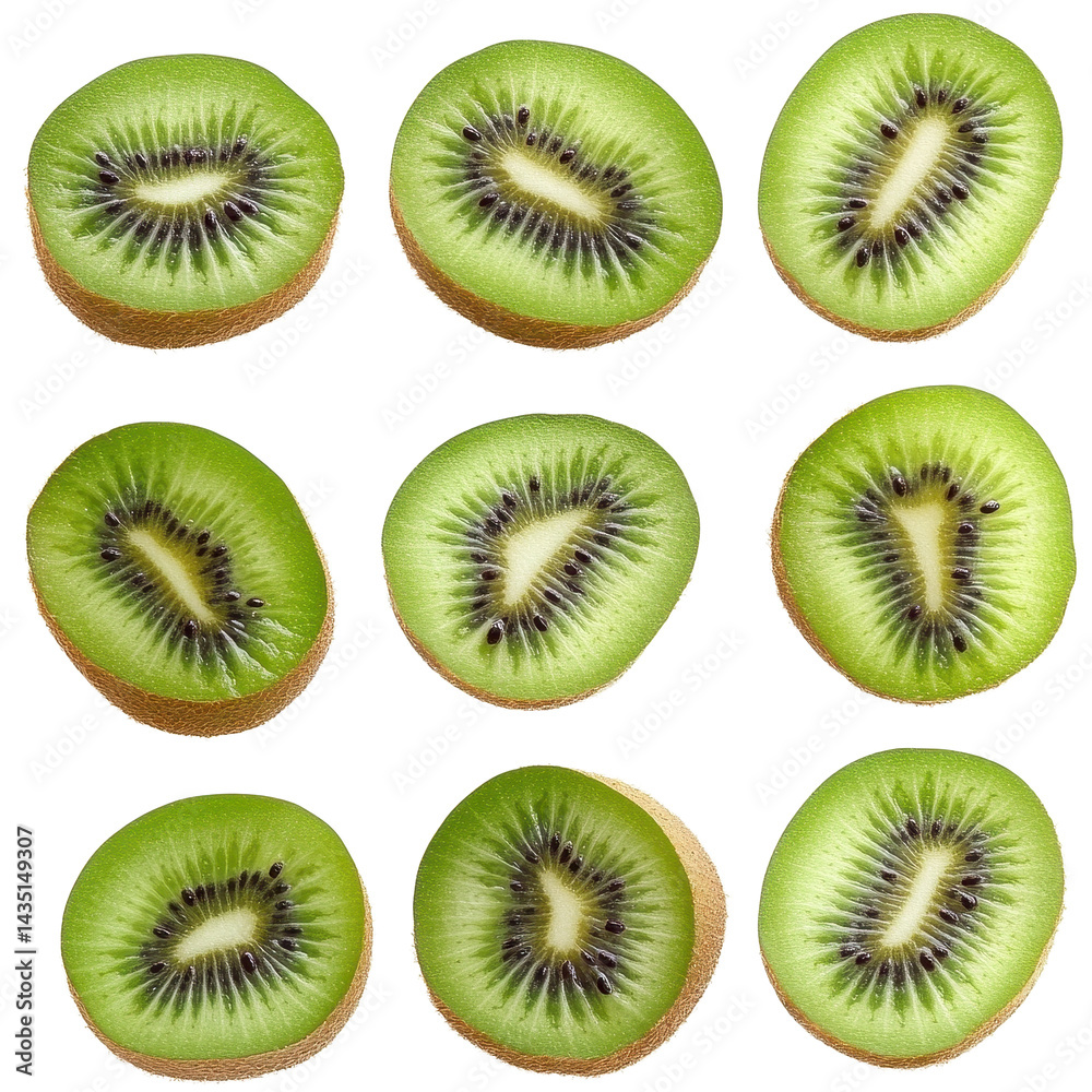 Fototapeta premium Freshly cut slices of kiwi fruit arranged on a pure Transparent background for a vibrant and healthy display, Many slices kiwi fruitisolated on PNG background