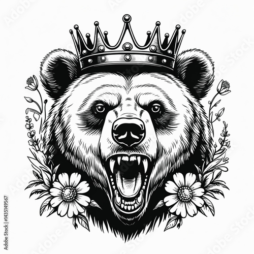Illustration of a bear's head wearing a crown with flowers around it generate AI.