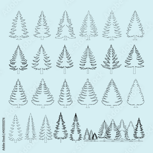 Symmetrical arrangement of tree leaf icons. Collection of black leaves outline with brunch. Environment, nature eco sign, organic plant product, nature element vector illustration for graphic design.