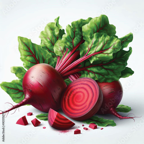 Fresh Red Beetroot with Leaves and Sliced Half on Transparent with white Background