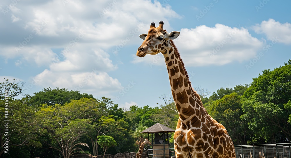 Obraz premium Gentle Giant Under Blue Skies Giraffe In The Sun African Majesty A Moment Of Peace Reaching For The Sun Savanna Sentinel Summer Serenity Giraffe Portrait High Above The Trees Under African Skies