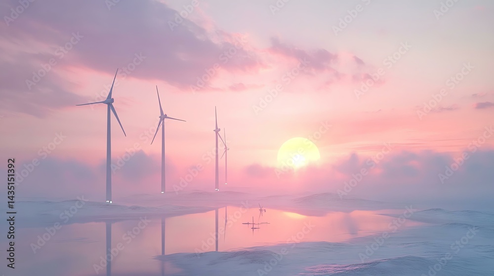Obraz premium A serene sunset over wind turbines.