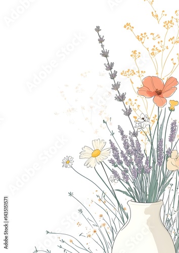 beautiful and elegant illustration featuring a vase filled with wildflowers, drawn in a delicate clipart style