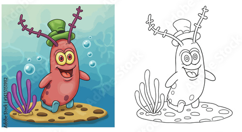 Cartoon Sea Creature's Coastal Capers: A cheerful sea creature sporting a playful green hat and big, curious eyes frolics joyfully amidst the vibrant underwater scene.