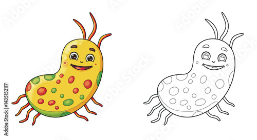 Friendly Microbe Illustration: A colorful illustration of a cartoon microbe, filled with details and charm, showcasing a lively and approachable character.