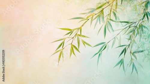 Delicate bamboo branches against a soft pastel background