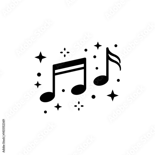 Whimsical music notes floating amidst stardust in a minimalist graphic design