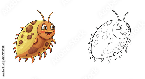 Cheerful Bug illustration: Two vibrant illustrations showcase a cute bug, radiating joy. The first illustration features the bug in color, while the second provides a grayscale outline for coloring.