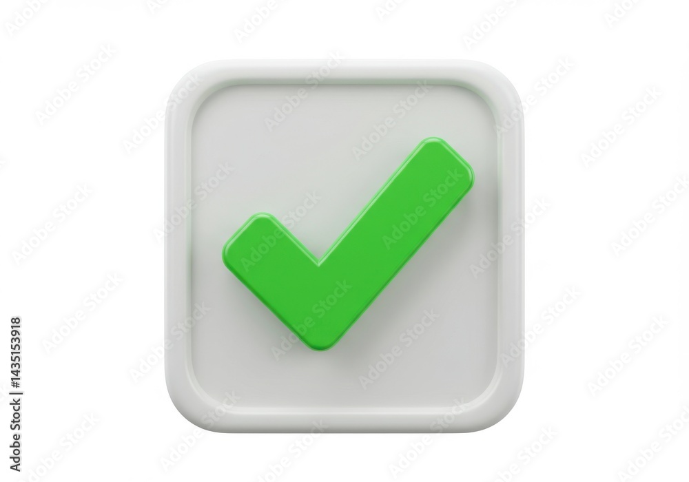 A green check mark inside a white square box isolated on white background A green check mark inside a white square box isolated on white background