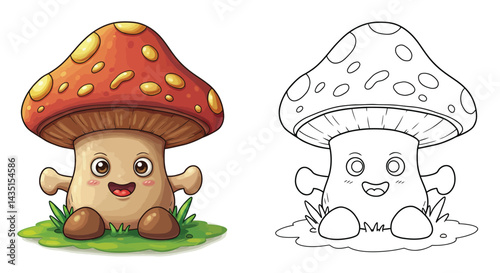 Smiling Mushroom: An adorable illustration of a cute mushroom character, filled with vibrant colors and inviting charm, ready to bring joy and whimsy to any project.
