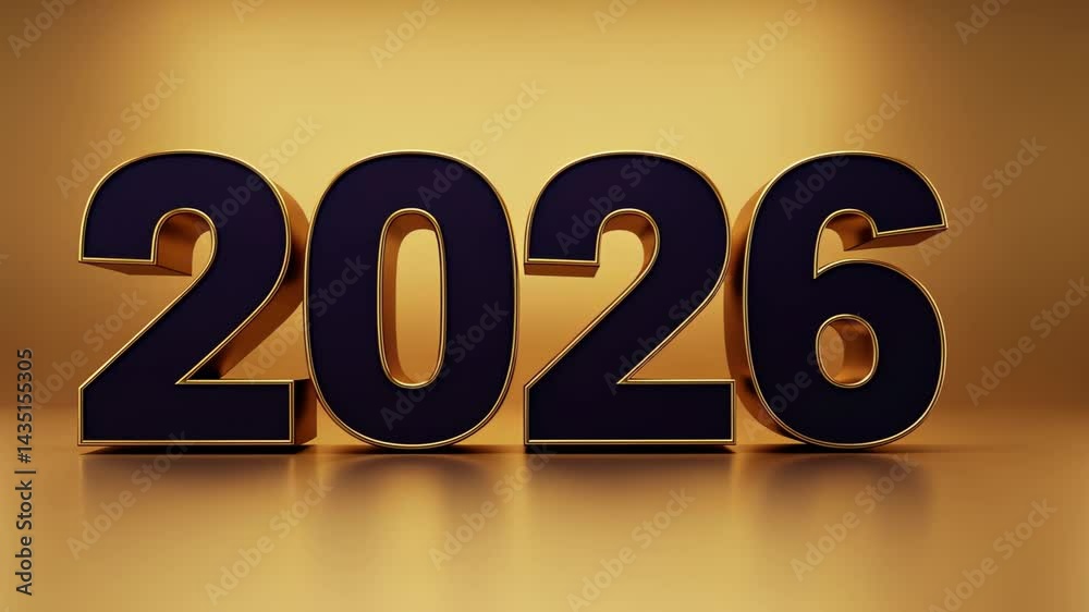 Dynamic transition of bold gold 2026 numerals on reflective surface Dynamic transition of bold gold 2026 numerals on reflective surface